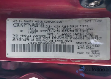 2003 Toyota 4Runner Sr5 V6 from USA, damaged, VIN JTEBU14RX38000939